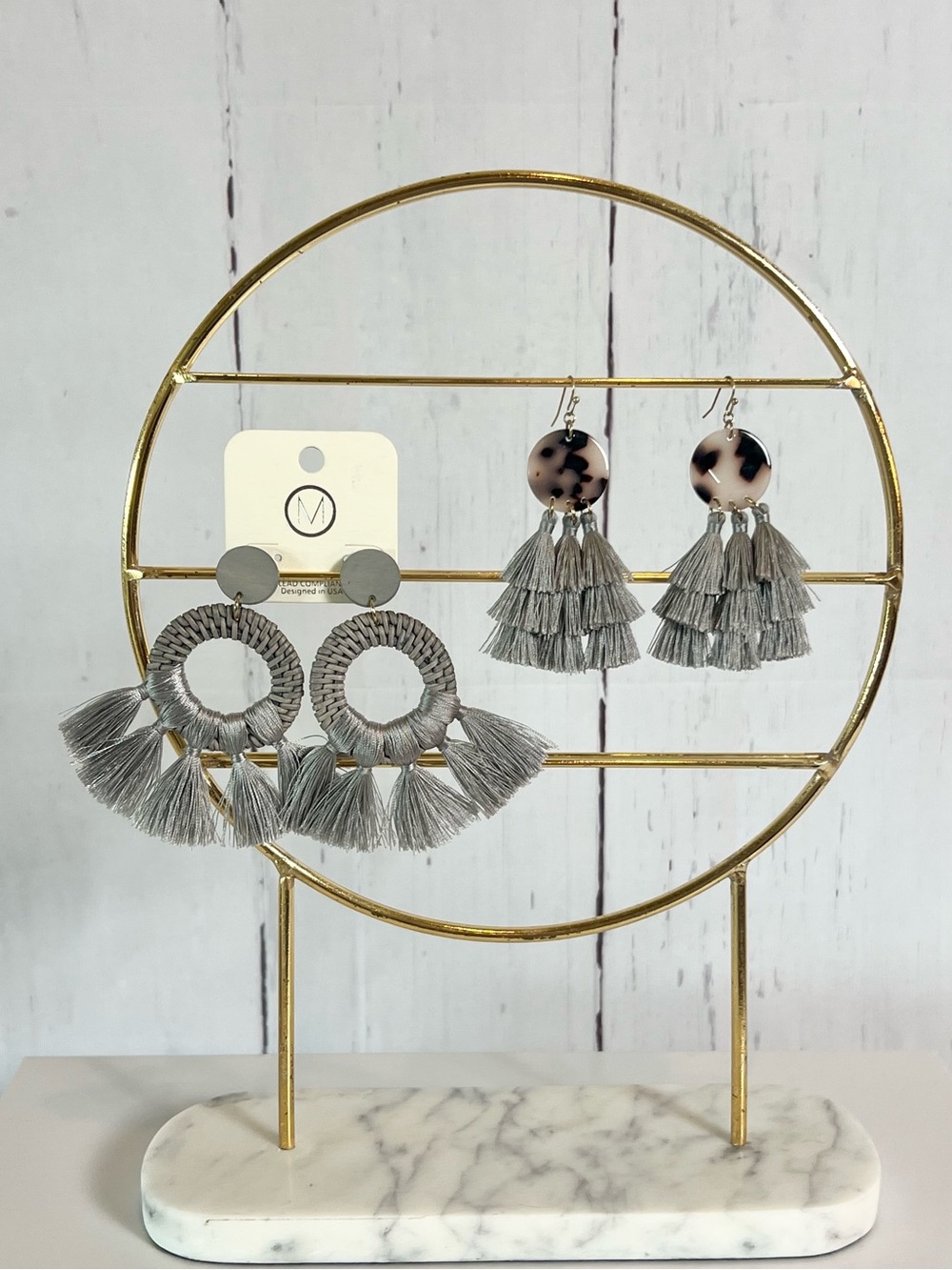 NWT Gray Tassel Earrings Set Boho Wicker Tortoise Statement Dangle